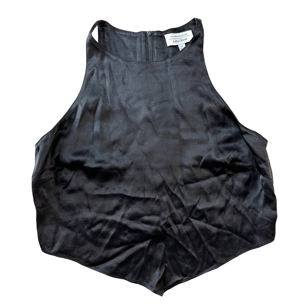 & Other Stories Blouse Womens 8 Black Handkercheif Hem Sleeveless Satin